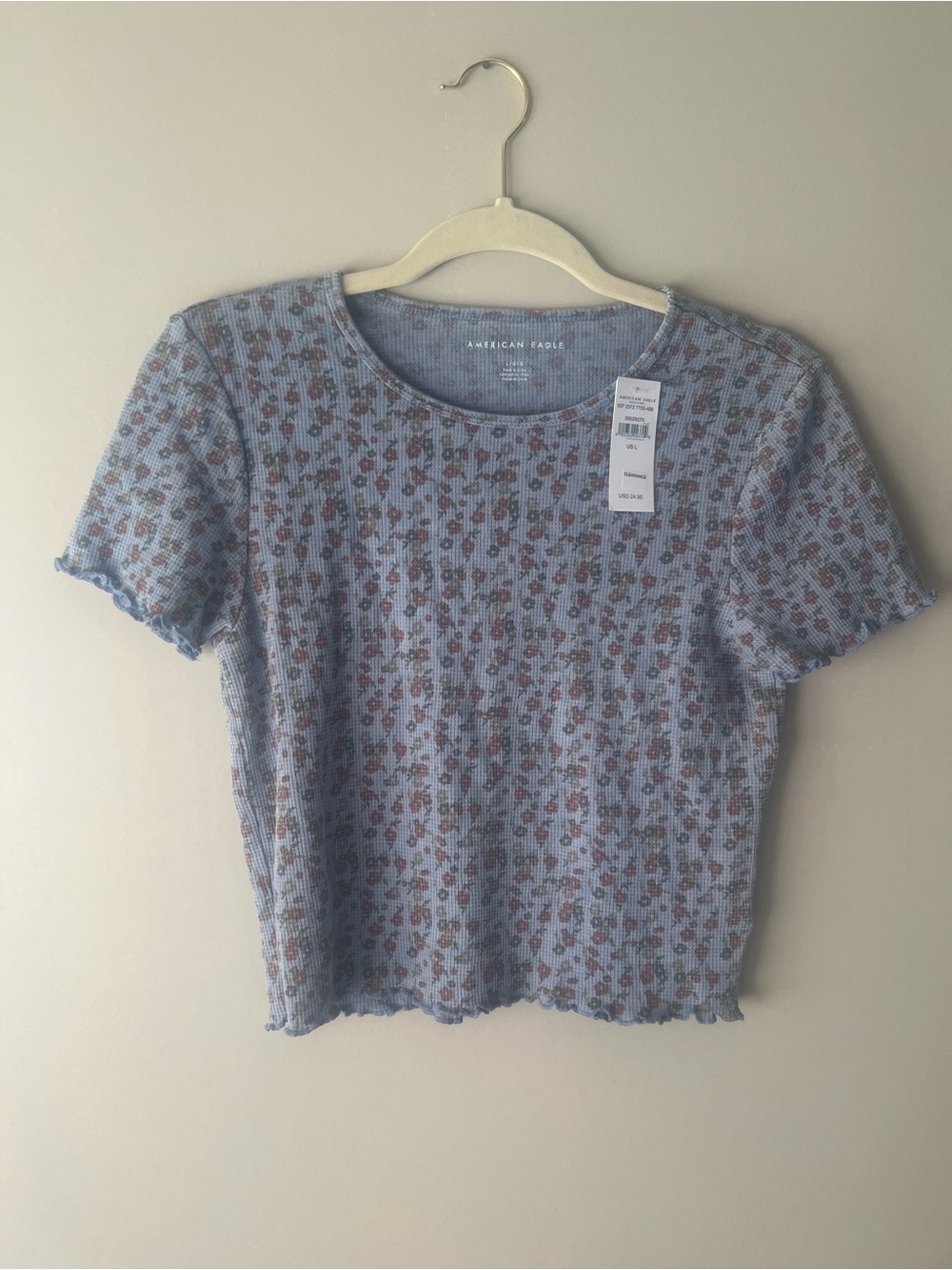American Eagle Light Blue Floral Ribbed Tee